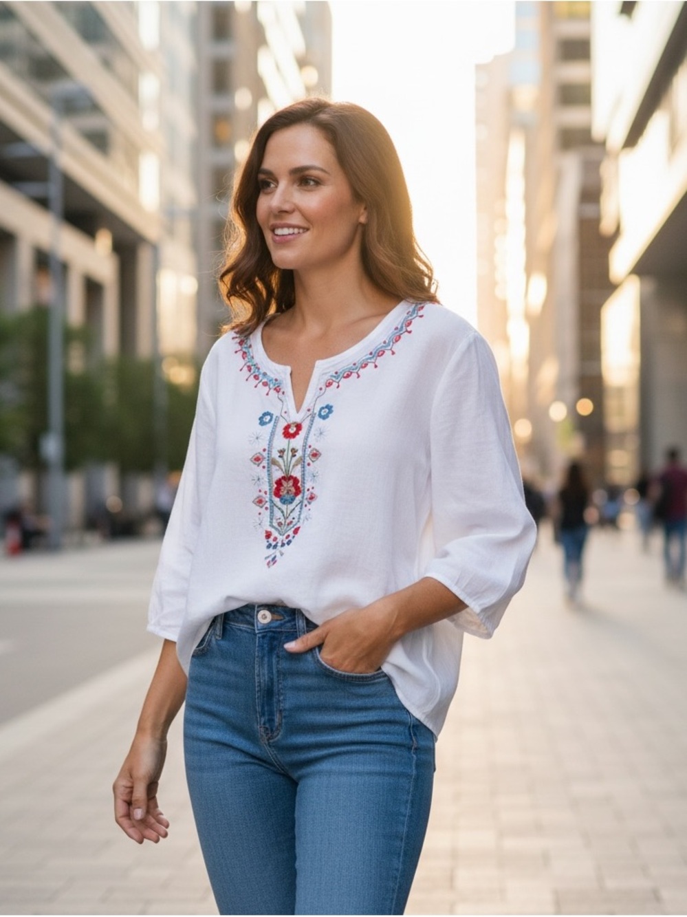 Women's White Embroidered V-Neck Peasant Top